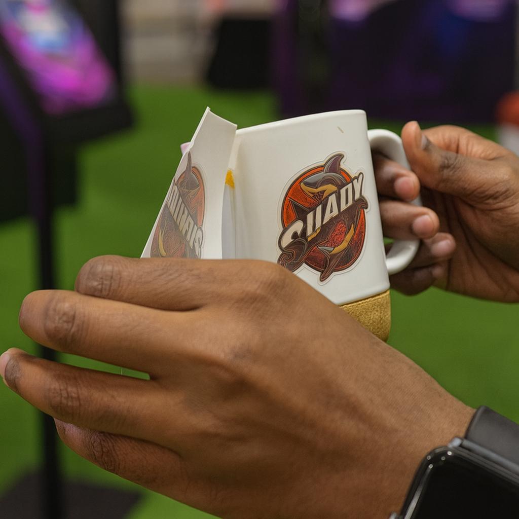 Two people customizing merchandise on tablets using Craft AI at an exhibition stand, with branded mugs and T-shirts displayed in a vibrant, professional setup